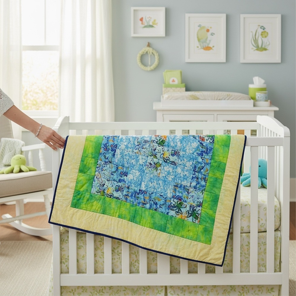 HANDMADE Blue Green Ocean Sea Life Patchwork Baby Quilt square 41.5”